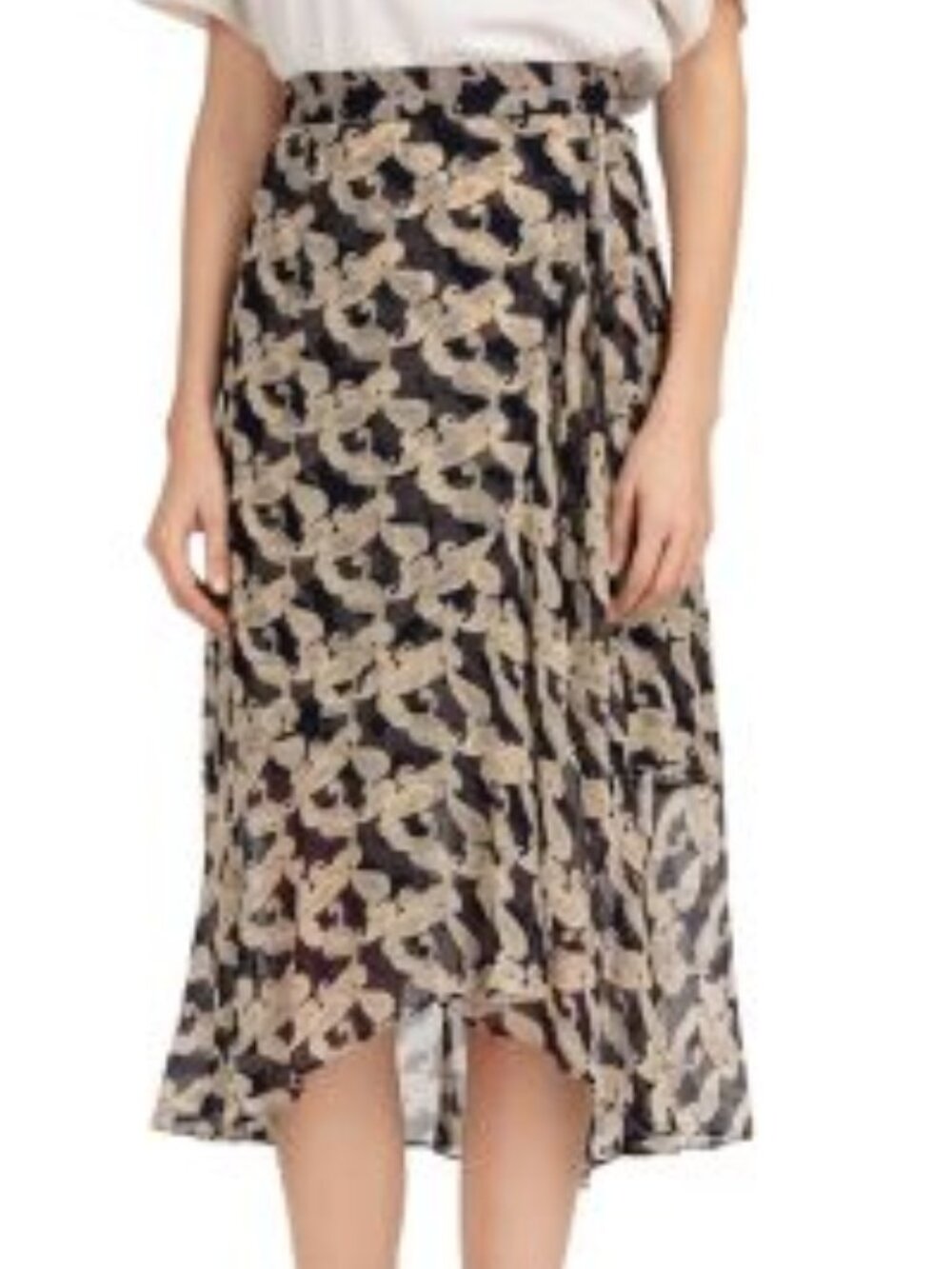 The Kooples Volute Paisley Midi Skirt Navy Tan Sheer Flounce NWT Size S